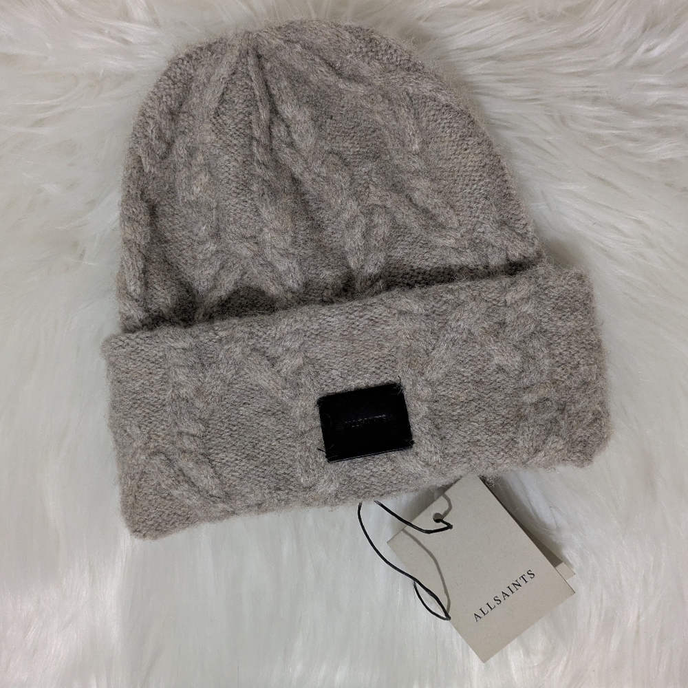 AllSaints Cable Beanie Brushed Wool Hat Toque in Ganache Brown Marl One Size New